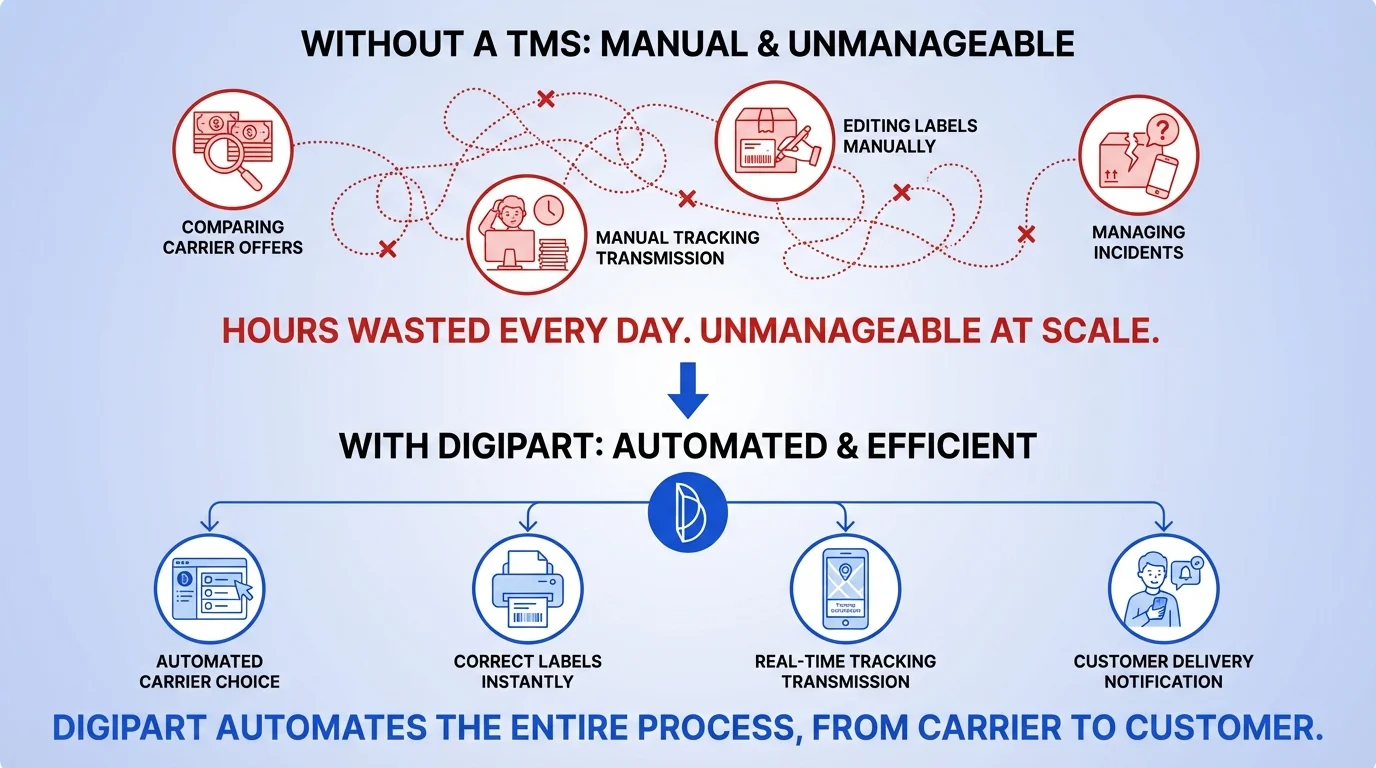 Without a TMS, every shipment is a manual decision. At scale, it's unmanageable.